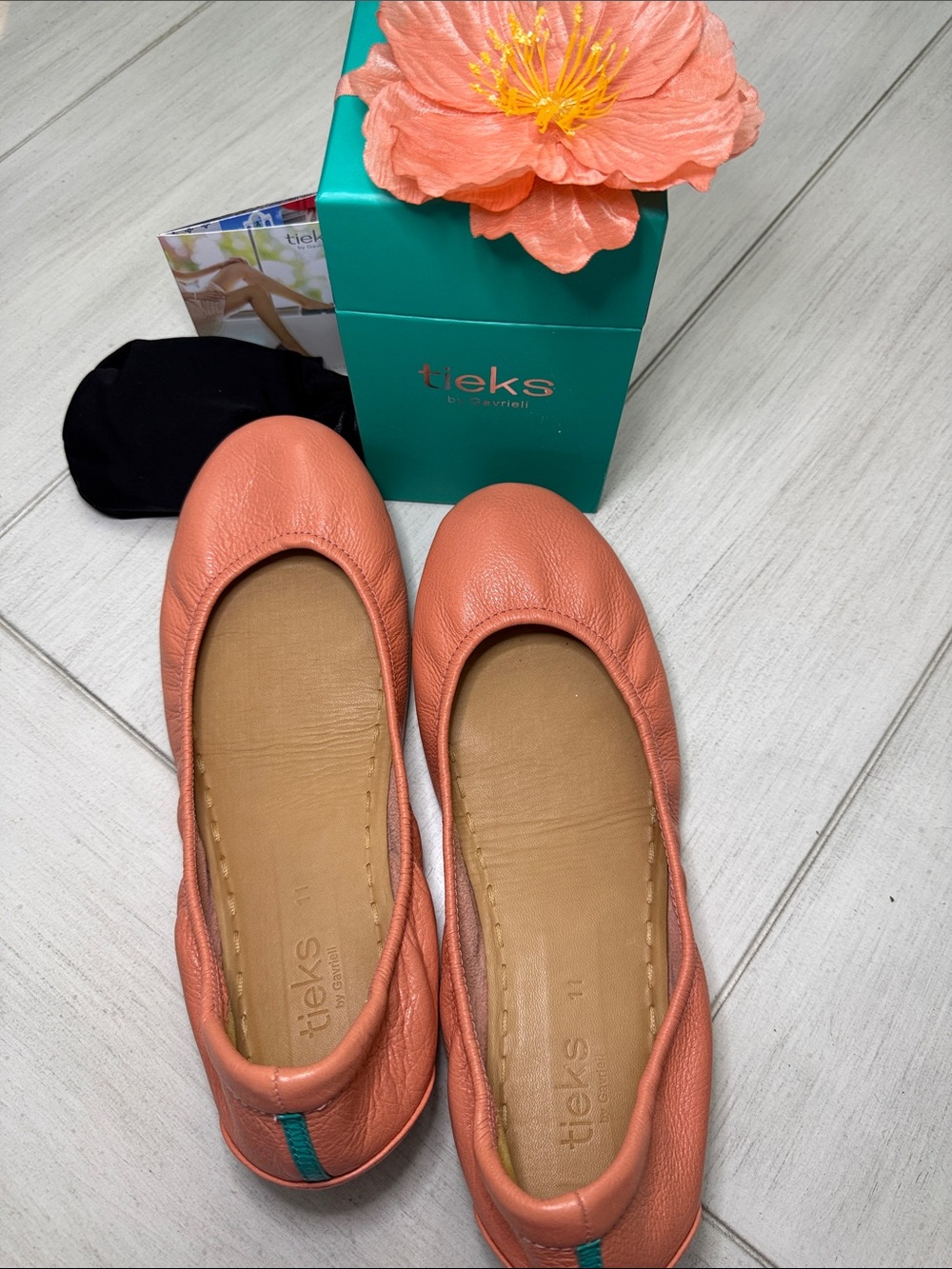 Tieks Peach Poppy Leather Ballet Flats with Teal Heel Tab